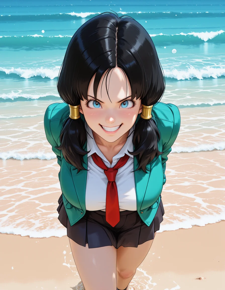 <lora:Dragon_Ball_Z_-_Videl-000019:1> dbz-videl, black hair, blue eyes, full body view,
Videl playing at the beach, her bare feet sinking into the warm sand as she chases the crashing waves. The salty air clings to her skin, and her hair flows wildly in the breeze. She laughs brightly as she splashes water into the air, droplets catching the sunlight like scattered jewels. Her carefree smile radiates joy, a rare glimpse of her playful side.
"Videl appears in a white blouse with a green blazer and a red necktie, paired with a dark pleated skirt and black shoes. Her hair is styled in twin pigtails, highlighting her role as a standout student."