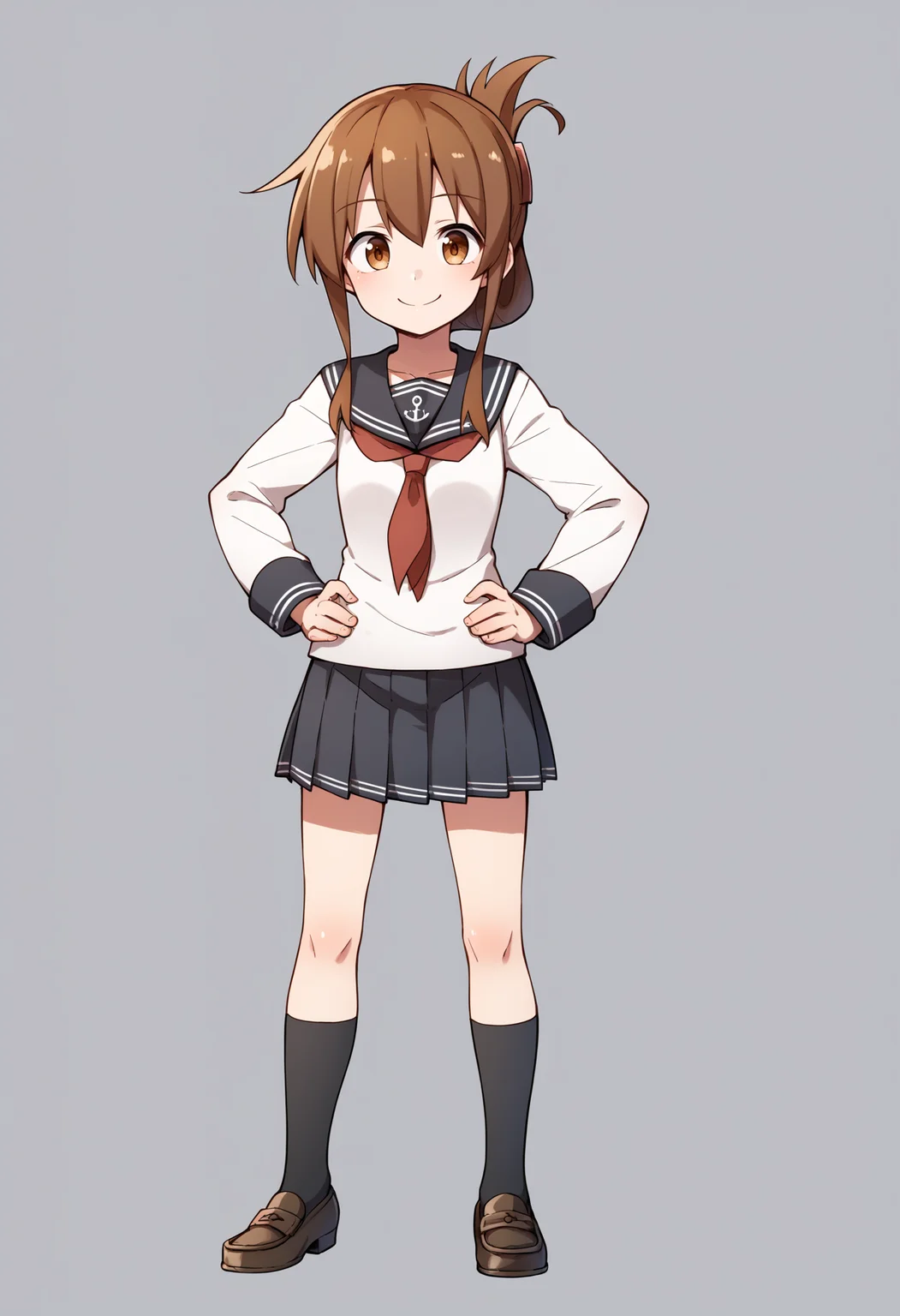 score_9, score_8_up, score_7_up, score_6_up, score_5_up, score_4_up, BREAK, source_anime,
1girl, inazuma \(kancolle\), brown hair, folded ponytail, long hair, brown eyes,
anchor symbol, black sailor collar, long sleeves, neckerchief, school uniform, serafuku, pleated skirt, black skirt, black socks, loafers,
hands on hips, smile,full body, solo, looking at viewer, simple background <lora:InazumaXL:1>