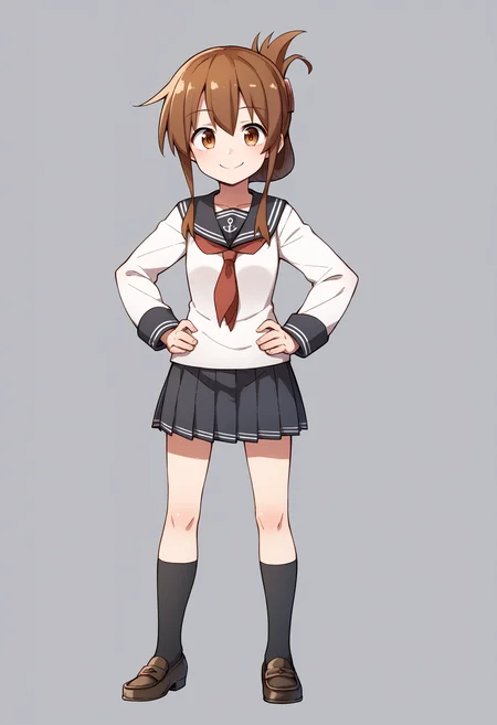 score_9, score_8_up, score_7_up, score_6_up, score_5_up, score_4_up, BREAK, source_anime,
1girl, inazuma \(kancolle\), brown hair, folded ponytail, long hair, brown eyes,
anchor symbol, black sailor collar, long sleeves, neckerchief, school uniform, serafuku, pleated skirt, black skirt, black socks, loafers,
hands on hips, smile,full body, solo, looking at viewer, simple background <lora:InazumaXL:1>