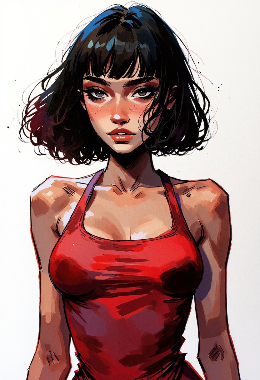 Blend of comic book art and lineart in full natural colors of emo woman, short cut, loose curly hair, swedish, dark eye shadow make-up, dark, atmospheric, and unconventional, characterized by bold brushwork, moody colors, distorted figure