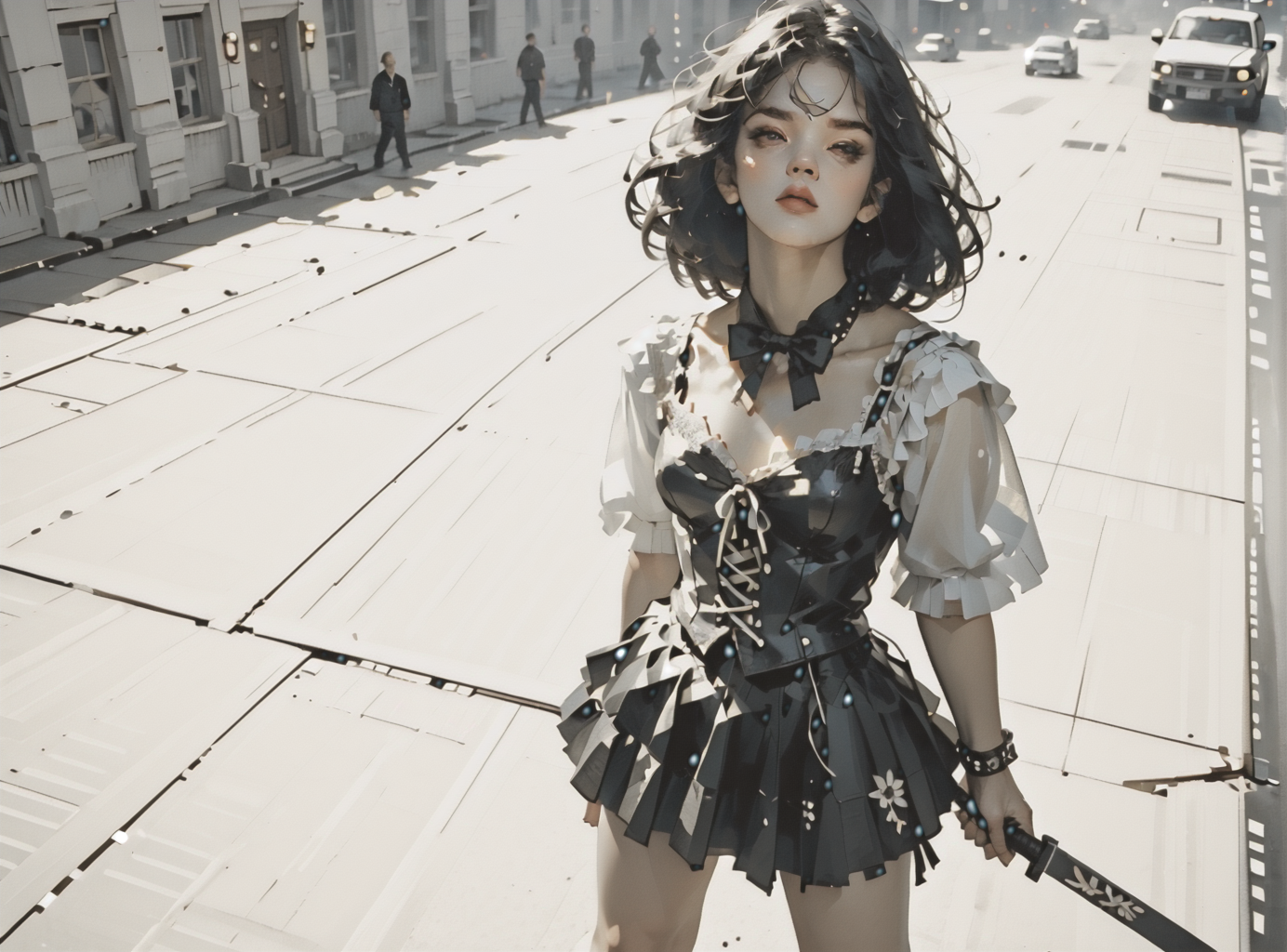score_9, score_8_up, score_7_up, Fighting scene, shot from above, looking up against all odds, 1girl, pale skin, medium breasts, <lora:sm0k3XLP:1>, <lora:goth_clothes:1>, (skirt(side lace-up corset, black skirt)), Black hair, white highlights, <lora:Our_Muted_Future_Style:1>, <lora:Dark_Retro_Scifi_Aesthetic:1>,