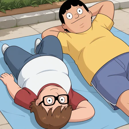 dappled sunlight, sky, masterpiece, best quality, amazing quality, very aesthetic, absurdres, newest, on grass, outdoors, (duo, 2boys), friends, BREAK <lora:alex+gene-v4-07:0.9> diagonal angle, dynamic perspective,
((bb-alex), brown hair, (chubby), aged_down), young, 2boys, male focus, glasses, white t-shirt, red raglan_sleeves, short sleeves, blue pants, looking up, arm support, straigh-on, lying,
((bb-gene), black hair, (chubby), aged_down), young, 2boys, no eyeweard, yellow t-shirt, blue shorts, looking right, arm behind head, straight-on, on side,