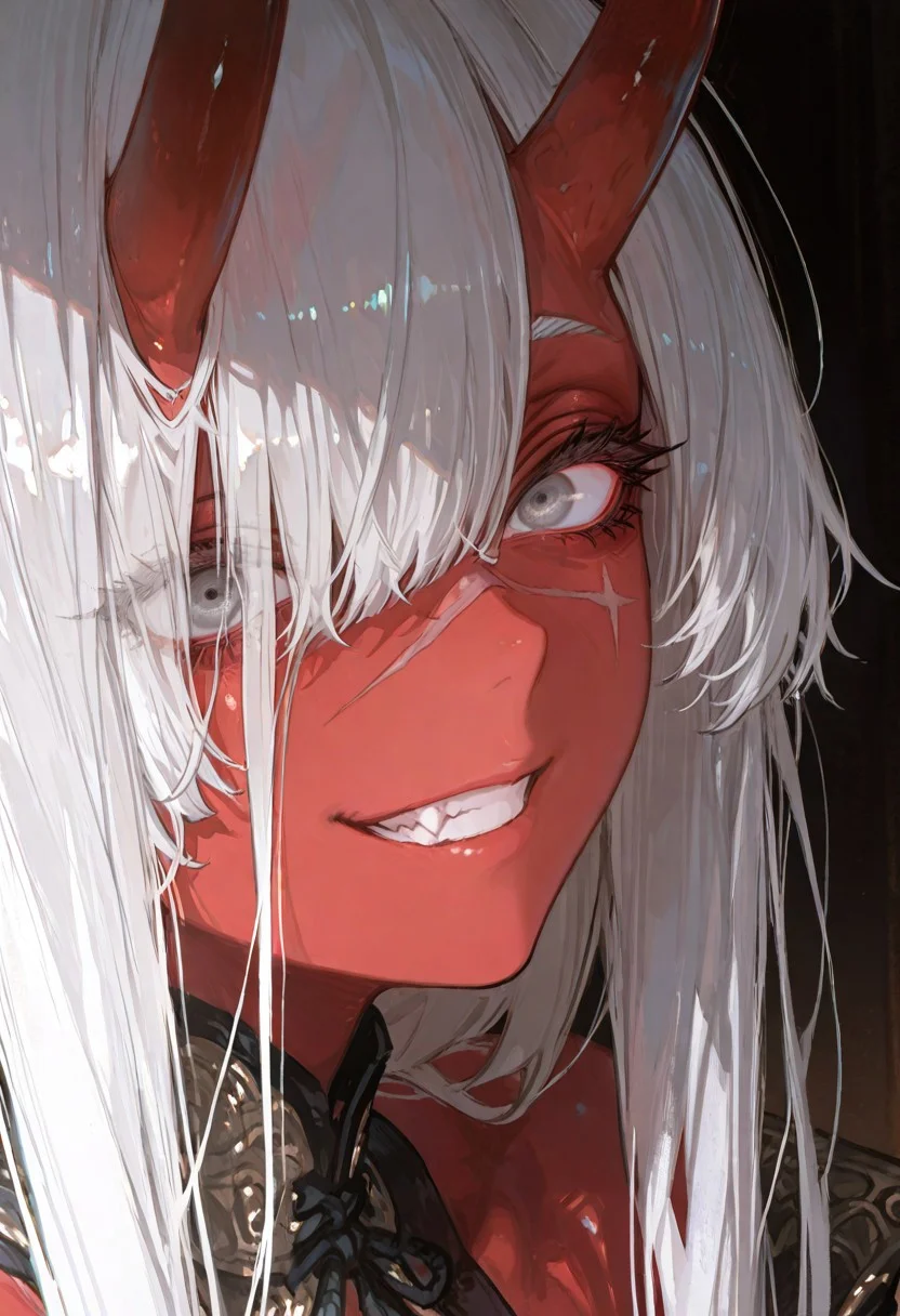 masterpiece, best quality, good quality, newest, highres, absurdres, volumetric lighting,gradient color,
BREAK
raytracing, volumetric lighting, ambient occlusion, girl, luminescent background, masterpiece, best quality, very awa, absurdres,
BREAK
Aka-Oni, oni, colored skin, (red skin:1.3), straight horns, solo, long hair, model style,
evil eyes, evil, bullying, sinister, grin,
BREAK
masterpiece,amazing quality,best quality,ultra-detailed,8K,illustration,CG,shiny hair,clear skin,ultra-detailed-eyes,simple background,cute girl, eyelashes
BREAK,
perfect composition, solo, 1girl, gray eyes, long hair, silver hair, hair over one eye, scar on nose, extreme eye close up, eye focus, eye reflection, wide eyed, eyelashes, blank stare, looking at viewer,