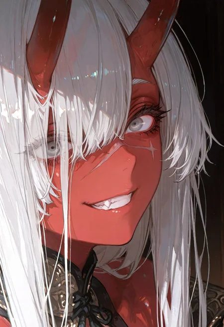 masterpiece, best quality, good quality, newest, highres, absurdres, volumetric lighting,gradient color,
BREAK
raytracing, volumetric lighting, ambient occlusion, girl, luminescent background, masterpiece, best quality, very awa, absurdres,
BREAK
Aka-Oni, oni, colored skin, (red skin:1.3), straight horns, solo, long hair, model style,
evil eyes, evil, bullying, sinister, grin,
BREAK
masterpiece,amazing quality,best quality,ultra-detailed,8K,illustration,CG,shiny hair,clear skin,ultra-detailed-eyes,simple background,cute girl, eyelashes
BREAK,
perfect composition, solo, 1girl, gray eyes, long hair, silver hair, hair over one eye, scar on nose, extreme eye close up, eye focus, eye reflection, wide eyed, eyelashes, blank stare, looking at viewer,