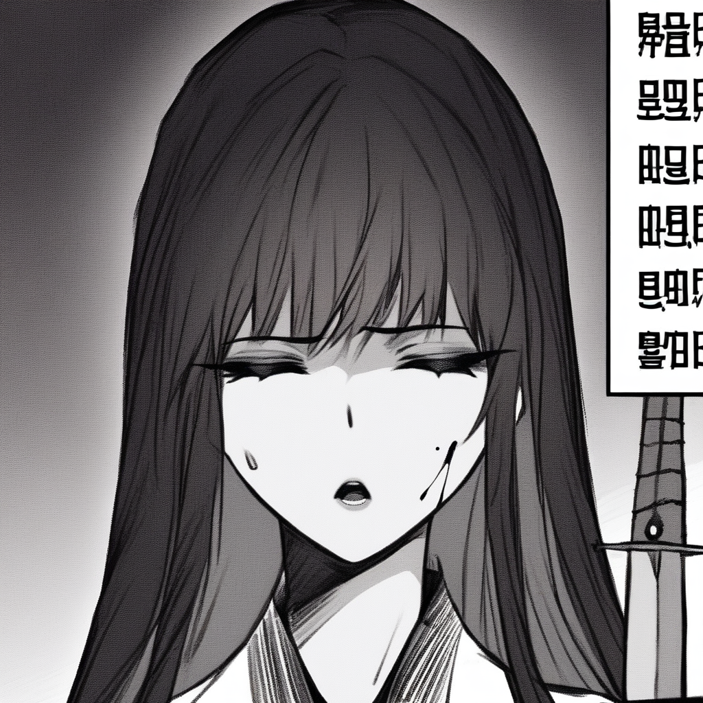closed eyes, long hair, mole under eye, beautiful skin, chinese text, solo, dress, half-closed eyes, sword, masterpiece, score_8_up, bangs, 2girls, sweatdrop, high quality, source_anime, looking at viewer, blood, japanese clothes, korean text, open mouth, monochrome, sash, <lora:bae yuhan:1>