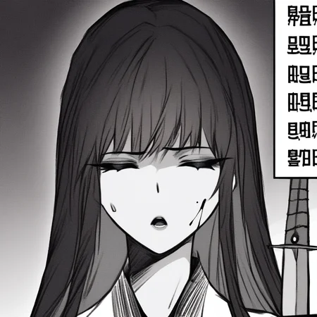closed eyes, long hair, mole under eye, beautiful skin, chinese text, solo, dress, half-closed eyes, sword, masterpiece, score_8_up, bangs, 2girls, sweatdrop, high quality, source_anime, looking at viewer, blood, japanese clothes, korean text, open mouth, monochrome, sash, <lora:bae yuhan:1>