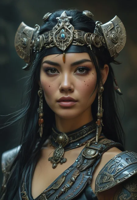cyberpunk medium portrait of a futuristic female road warrior, cinematic color, photo, looking at the viewer,(realistic photograph), (photorealistic), cosplay, 啎䥃佄䔀Ancient Mongolian costume, beautiful girl, side soft light, long black semi shaved hair, s3m1sh4v3d, Dark environment, tribal tattoos, black over black, highly detailed, masterful painting in the style of Anders Zorn and Aleksi Briclot, oil on canvas