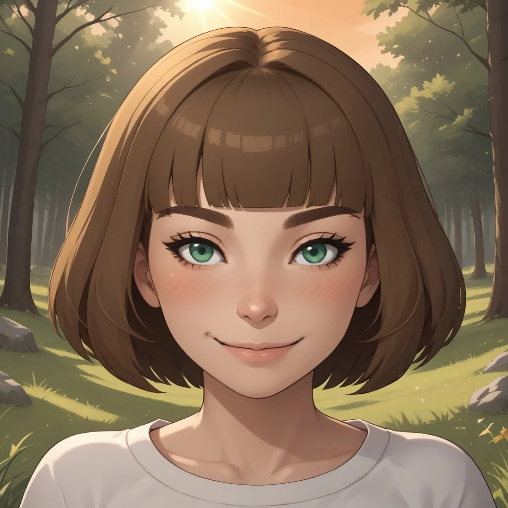 score_9, score_8, BREAK, solo, Millie_WSC, dark brown hair, short hair, blush, green eyes, sexy pose, smile, outdoors, sunlight, shadows, evening lighting, natural lighting, forest, trees, grass, orange sky, sunset