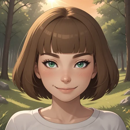 score_9, score_8, BREAK, solo, Millie_WSC, dark brown hair, short hair, blush, green eyes, sexy pose, smile, outdoors, sunlight, shadows, evening lighting, natural lighting, forest, trees, grass, orange sky, sunset