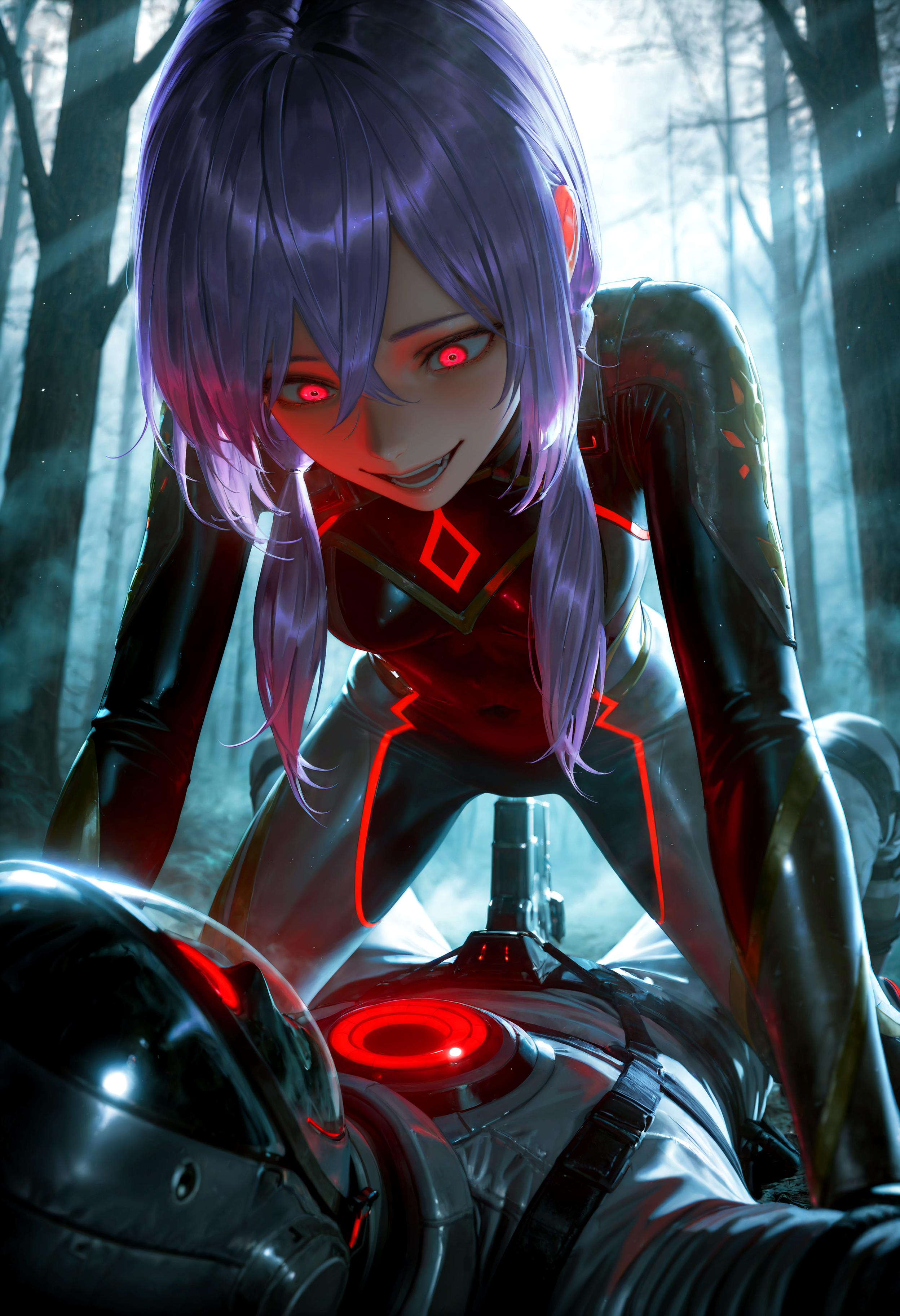 HDR, 8K, high contrast, masterpiece, best quality, amazing quality, very aesthetic, superabsurd res, high resolution, ultra-detailed, absurdres, newest, scenery, (horikoshi kouhei:0.3), (quasarcake:0.3), (wlop:0.3), light rays, chiaroscuro, dynamic angle, oo_sybil, 1girl, pink eyes, red eyes, purple hair, bangs, hair between eyes, long hair, low twintails, small breasts, bodysuit, spacesuit, skin tight, yandere sex, crazy smile, crazy eyes, 1boy,hetero,girl on top, implied sex, see though silhouette, cowgirl position, leaning forward, bending over, weapon, holding gun, outside, haunted forest, dark forest, dead trees, evil aura, fog, partially illuminated, (backlighting), Intricately designed, Mysterious Shadows, BREAK, photorealistic, beautiful detailed eyes, detailed skin, detailed hair, volumetric lighting, dappled light, light particles, dramatic shadows, cinematic lighting, photo background, depth of field, <lora:ponyxl\cfg_scale_boost:0.8> <lora:IL\KMS_OO_Sybil_IL-000013:0.8>