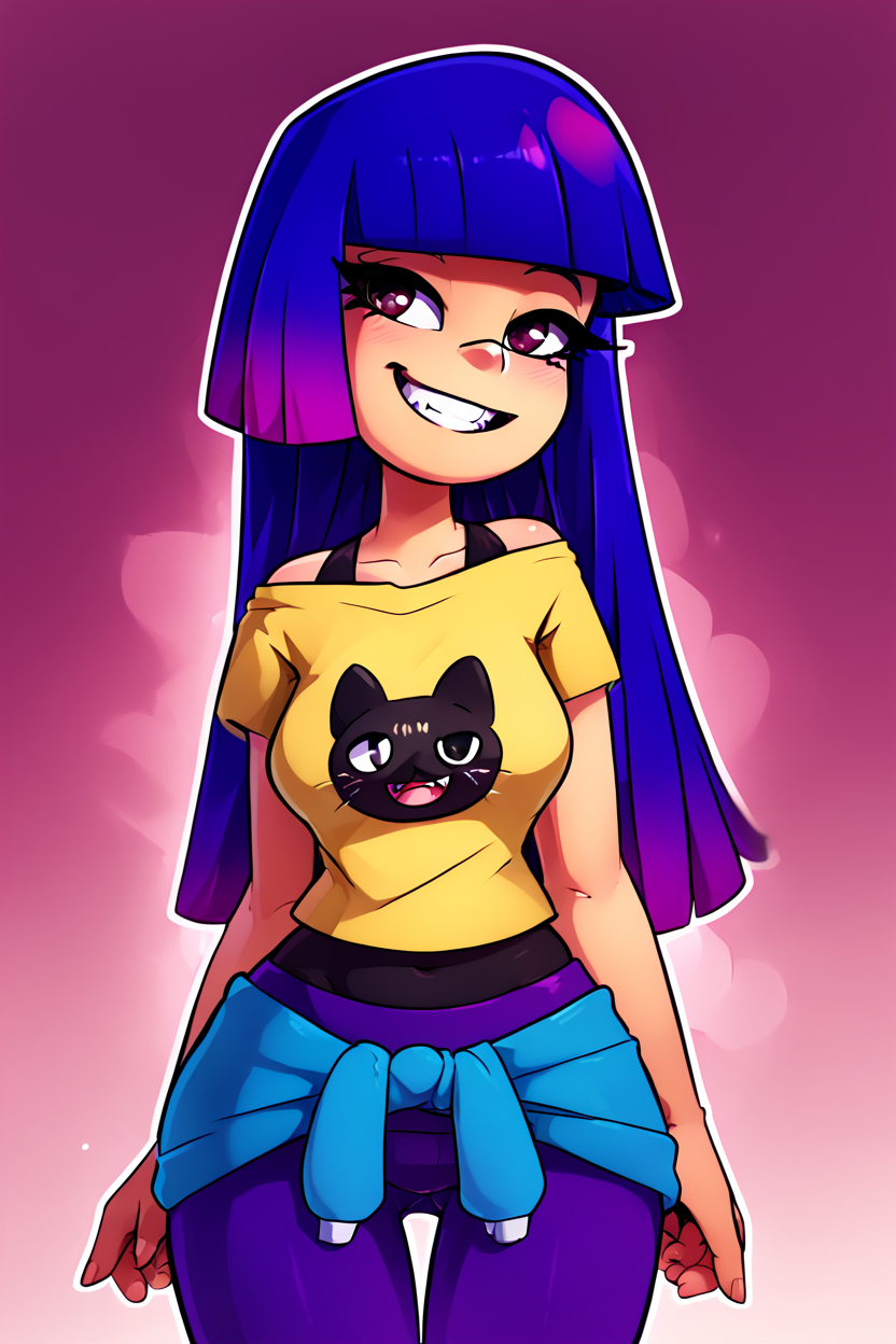 score_9, score_8_up, score_8, medium breasts, (curvy), cute, eyelashes,       BREAK, ,  ,,, zzMiko, long hair, purple hair, blunt bangs, multicolored hair, yellow shirt, short sleeves, t-shirt, print shirt, off shoulder, animal print, jewelry, purple pants, blue jacket around waist,  <lora:MikoKubota_PDXL_v2:0.8>,  ,,,  , BREAK, smile, looking at viewer, ,,, abstract background, white outline, cowboy shot, ,,, embedding:zPDXL, Expressiveh, ,,, <lora:theOtherHalfPDXL:0.8>, <lora:CatalystStylePDXL:0.6>, <lora:SDXLFaeTastic2400:0.5>, <lora:Expressive_H-000001:0.4>,