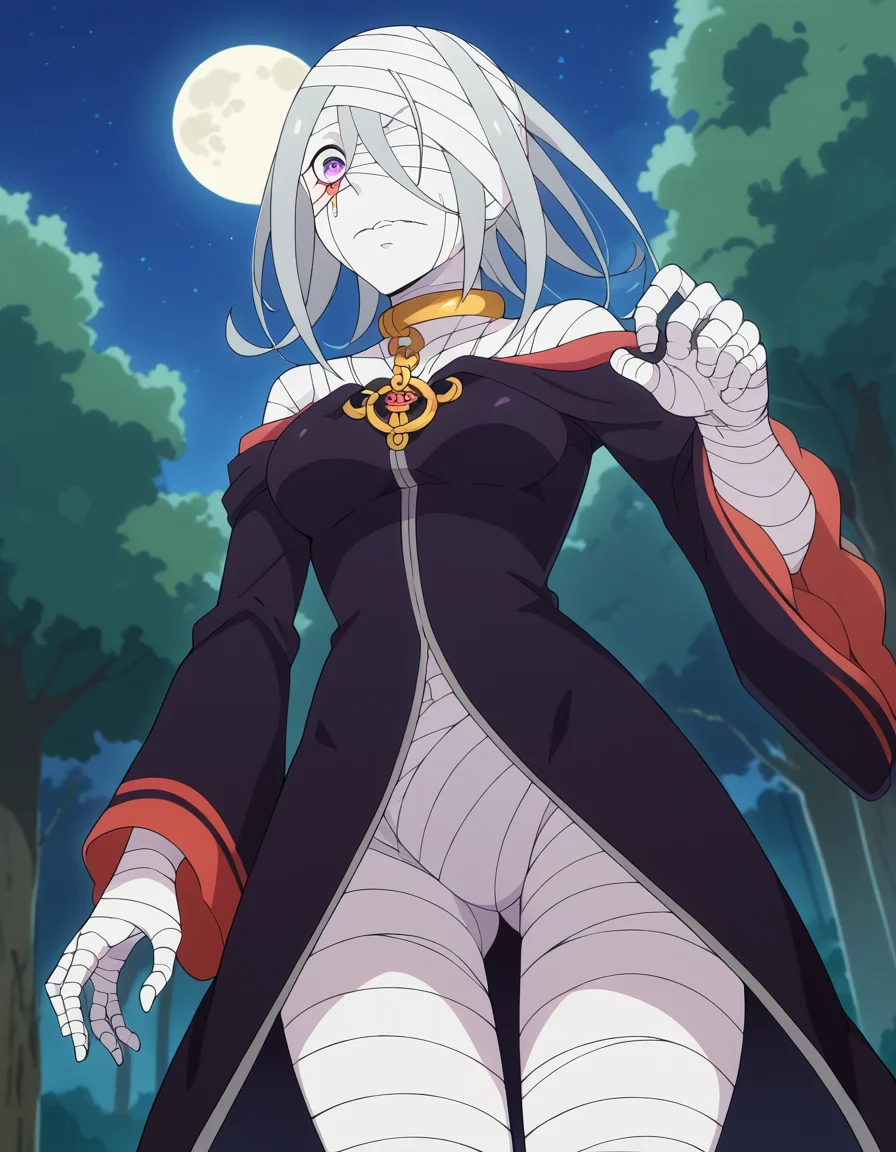 score_9, score_8_up, score_7_up, source_anime, <lora:sirius-romanee-conti-s3-p1-ponyxl-lora-nochekaiser:1>, sirius romanee conti, long hair, purple eyes, white hair, bandages, bandaged head, bandaged neck, bandaged arms, bandaged legs, bandaged hand, bandaged chest, bandaged torso, bandaged wrist, bandaged knees, medium breasts,, <lora:ninja-ponyxl-lora-nochekaiser:1>, ninja, fishnets, scarf,, moon, night, forest, trees,, cowboy shot, , dutch angle, cowboy shot