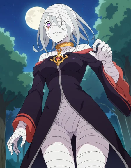 score_9, score_8_up, score_7_up, source_anime, <lora:sirius-romanee-conti-s3-p1-ponyxl-lora-nochekaiser:1>, sirius romanee conti, long hair, purple eyes, white hair, bandages, bandaged head, bandaged neck, bandaged arms, bandaged legs, bandaged hand, bandaged chest, bandaged torso, bandaged wrist, bandaged knees, medium breasts,, <lora:ninja-ponyxl-lora-nochekaiser:1>, ninja, fishnets, scarf,, moon, night, forest, trees,, cowboy shot, , dutch angle, cowboy shot