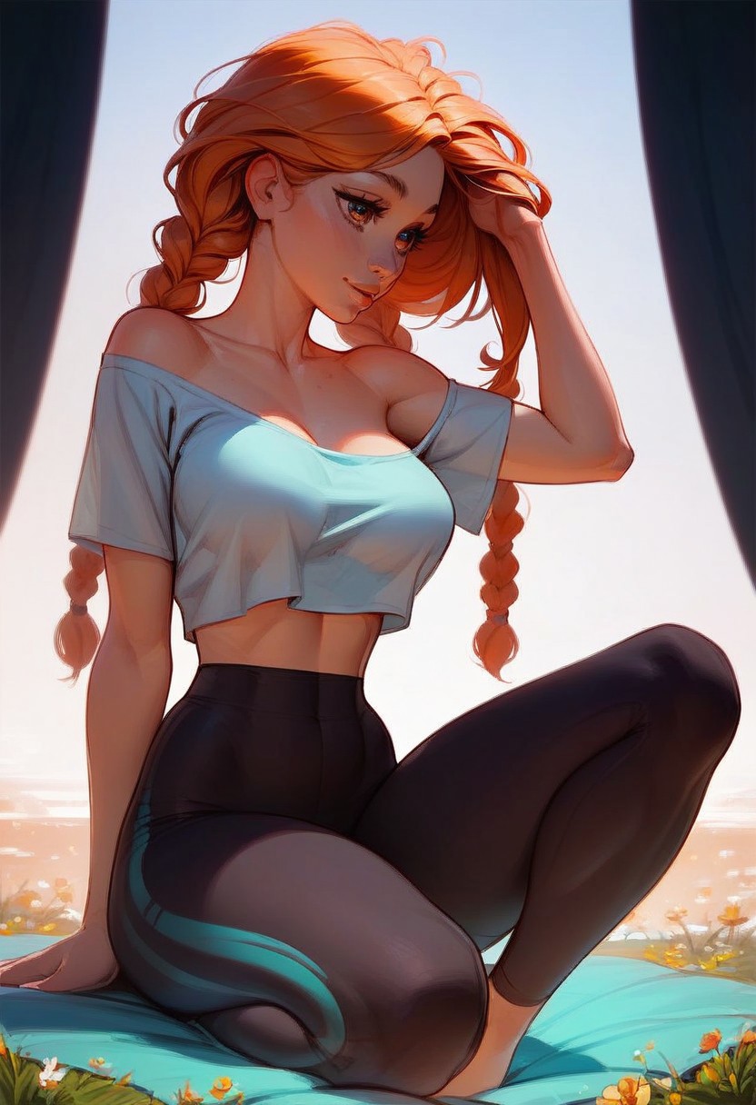 score_9, score_8_up, score_7_up, score_6_up, 1girl, gorgeous, kawaii, cute, beautiful eyes, (long twin braids), oversized T-shirt, midriff, off shoulder, medium breasts, cleavage, (thin:1.4), athletic, pose, boob focus, sexy thighs, black tech yoga pants, (playful sexy pose:1.4),