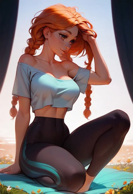 score_9, score_8_up, score_7_up, score_6_up, 1girl, gorgeous, kawaii, cute, beautiful eyes, (long twin braids), oversized T-shirt, midriff, off shoulder, medium breasts, cleavage, (thin:1.4), athletic, pose, boob focus, sexy thighs, black tech yoga pants, (playful sexy pose:1.4),