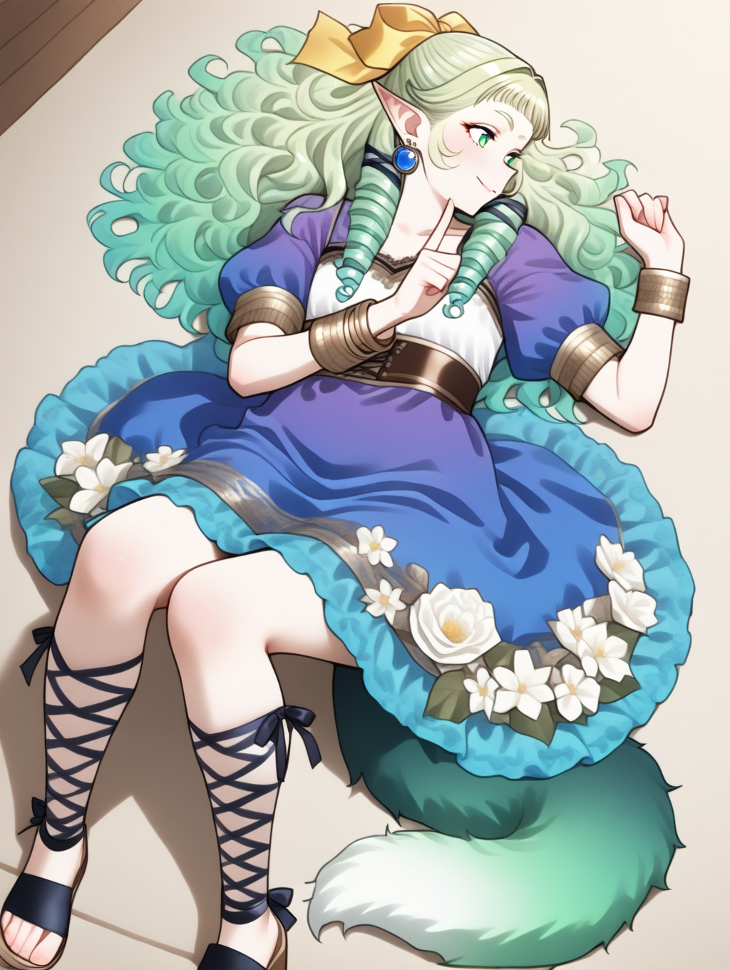 perfect quality,best quality,absolutely eye-catching,ambient occlusion,raytracing BREAK
1girl,<lora:SO4pafy IL v1.2:1>,SO4pafiy,green eyes,green hair,wavy hair,drill sideburns,hair ribbon,pointy ears,earrings,bracelet,green gradient dog tail,white flower on skirt,sandals,black cross-laced legwear,blue puffy short sleeves,ankle lace-up,lace trim,single flower,blue dress,smile,blouse,, perspective,profile,on back,cheek_pinching,shushing,knees_together_feet_apart,