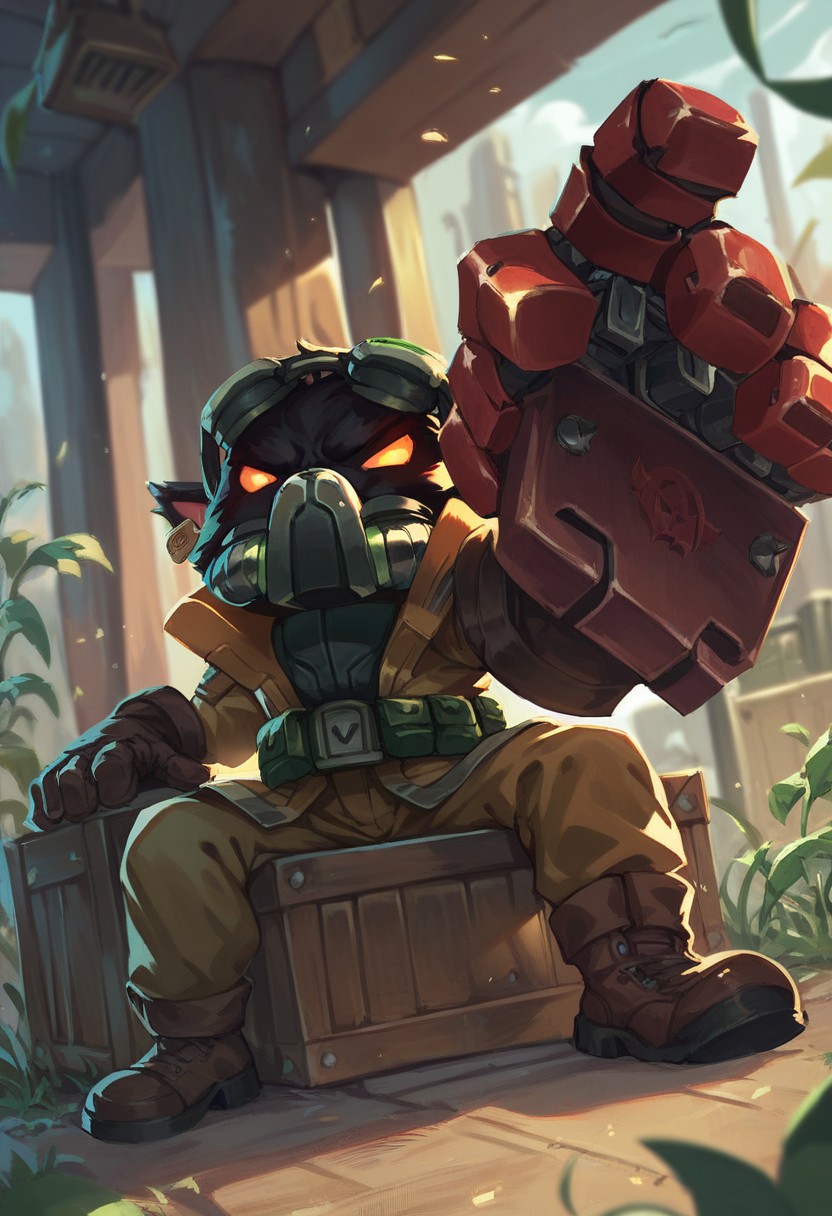 score_9, score_8_up, score_7_up, ultra quality, 1boy, yordle, shortstack, veigarxl, omegav, gas mask, military coat, belt, poach, black fur, glowing eyes, sitting, on crate, green lush background, angry, boots, raised hand, red hand, prosthetic hand