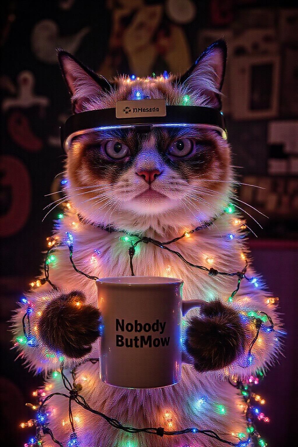 Grumpy Cat, decoreated with Christmas lights, holding a coffee mug, wearing a VR Headset. The mug has the phrase "NobodyButMeow" printed <lora:xmaslight1_nocap_d6a3:1.0> <lora:Flux-Sch-SingleBlocks-BF16:1.0><lora:808016415337700584:0>