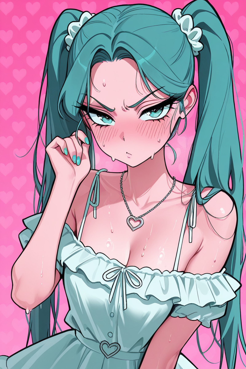 masterpiece, best quality, amazing quality,
 <lora:VIVINOS_IL:1> vivinos, 1girl, heart background, solo, twintails, heart, jewelry, blush, pink background, aqua hair, long hair, necklace, aqua eyes, hair ornament, heart necklace, scrunchie, shirt, looking at viewer, upper body, aqua nails, sweat, off shoulder, frilled dress, hand up, tsundere, ojou