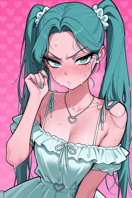 masterpiece, best quality, amazing quality,
<lora:VIVINOS_IL:1> vivinos, 1girl, heart background, solo, twintails, heart, jewelry, blush, pink background, aqua hair, long hair, necklace, aqua eyes, hair ornament, heart necklace, scrunchie, shirt, looking at viewer, upper body, aqua nails, sweat, off shoulder, frilled dress, hand up, tsundere, ojou