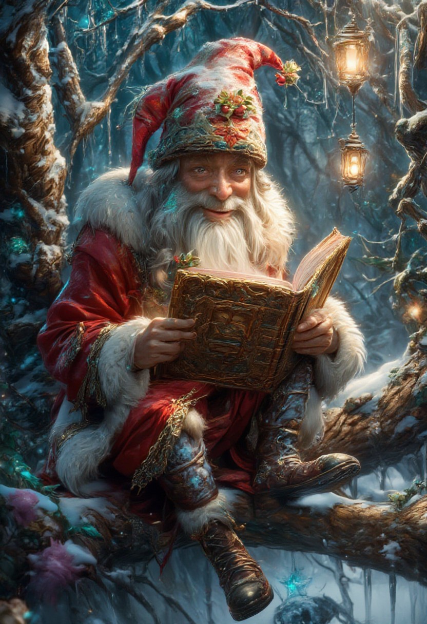 bo-christmas, christmas mood, magical christmas, 
concept art, a fantasy-style illustration depicting an elderly wizard seated on a gnarled tree branch in a snow-dusted, enchanted forest glowing with festive magic. The wizard has a long, flowing white beard and hair, with a pointed hat adorned with holly leaves and berries. His skin is fair, and his facial features are wise and cheerful, with a twinkle in his eyes. He wears a deep red, fur-trimmed robe with intricate gold embroidery resembling snowflakes, and sturdy leather boots dusted with snow. The wizard is engrossed in reading an ancient, leather-bound book with ornate gold detailing, its pages faintly glowing with holiday enchantments. The background is a winter wonderland, with snow-covered trees, twinkling lights, and icicles glistening in the soft glow of a nearby Christmas star. A warm, magical atmosphere is created by the gentle light of a lantern hanging from the branch above, casting a cozy, golden glow. The overall composition is rich in festive detail, blending textures of the wizard’s attire and the wintry surroundings. digital artwork, illustrative, painterly, matte painting, highly detailed, magical Christmas ambiance, whimsical, warm and inviting.