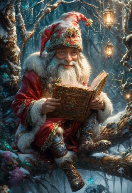 bo-christmas, christmas mood, magical christmas, 
concept art, a fantasy-style illustration depicting an elderly wizard seated on a gnarled tree branch in a snow-dusted, enchanted forest glowing with festive magic. The wizard has a long, flowing white beard and hair, with a pointed hat adorned with holly leaves and berries. His skin is fair, and his facial features are wise and cheerful, with a twinkle in his eyes. He wears a deep red, fur-trimmed robe with intricate gold embroidery resembling snowflakes, and sturdy leather boots dusted with snow. The wizard is engrossed in reading an ancient, leather-bound book with ornate gold detailing, its pages faintly glowing with holiday enchantments. The background is a winter wonderland, with snow-covered trees, twinkling lights, and icicles glistening in the soft glow of a nearby Christmas star. A warm, magical atmosphere is created by the gentle light of a lantern hanging from the branch above, casting a cozy, golden glow. The overall composition is rich in festive detail, blending textures of the wizard’s attire and the wintry surroundings. digital artwork, illustrative, painterly, matte painting, highly detailed, magical Christmas ambiance, whimsical, warm and inviting.