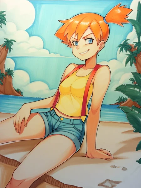 score_9, score_8_up, score_7_up, score_6_up, score_5_up, score_4_up, BREAK, source_anime, 1girl, misty \(pokemon\), orange hair, wearing a yellow crop top and a short shorts, smirk, sea, blue sky, sand, marker \(medium\), traditional media, tropical island background <lora:OmarDogantXL:1>
