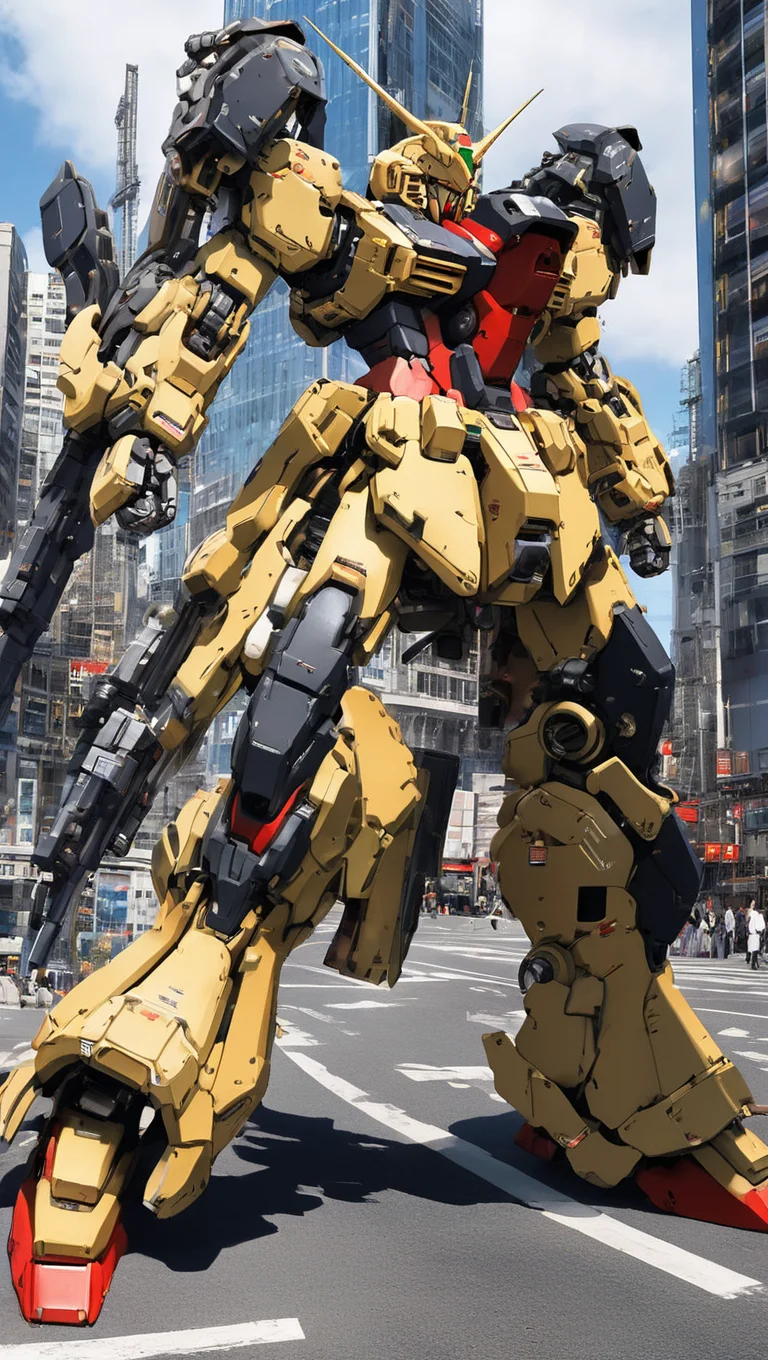 (GTYPE:0.8),best quality, masterpiece, ultra-detailed, mecha robot, (city:1.5),(ultra-detailed mecha armor), full armor, (very large size mecha:1.5),glowing eyes, (full body:1.2), (mechanical parts:1), (robot joints:1), (military parts:1.1), (heroic parts:1.1), cable,(huge mechanical weapon:1.2), (detailed weapon description:1.2), (holding weapon and weapon :1.5)<lora:srdxl_v2g:0.8>