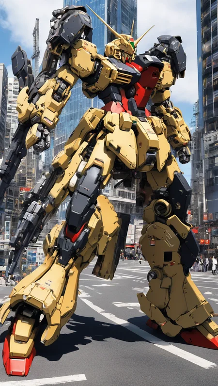 (GTYPE:0.8),best quality, masterpiece, ultra-detailed, mecha robot, (city:1.5),(ultra-detailed mecha armor), full armor, (very large size mecha:1.5),glowing eyes, (full body:1.2), (mechanical parts:1), (robot joints:1), (military parts:1.1), (heroic parts:1.1), cable,(huge mechanical weapon:1.2), (detailed weapon description:1.2), (holding weapon and weapon :1.5)<lora:srdxl_v2g:0.8>