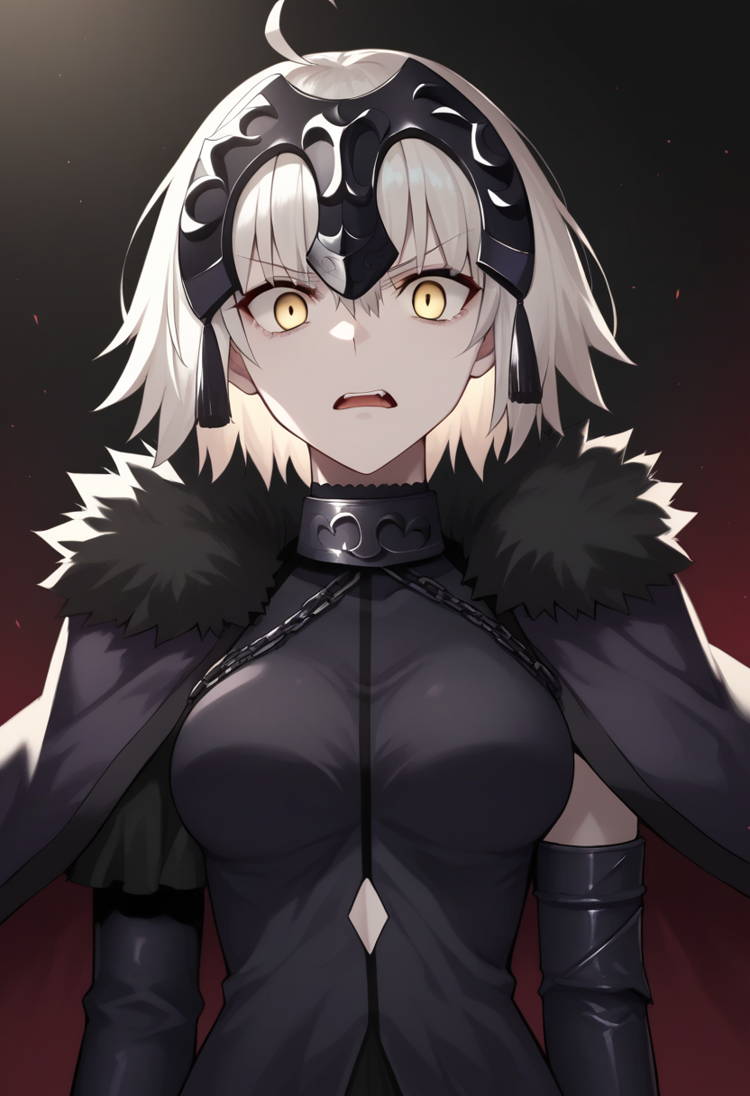 score_9,score_8_up,score_7_up,1,<lora:stay_night_all:1>,1girl, black_background, black_dress, fur_trim, hair_between_eyes, headpiece, highres, jeanne_d'arc_alter_\(fate\), looking_at_viewer, open_mouth, scared, short_hair, solo, white_hair, wide-eyed, yellow_eyes