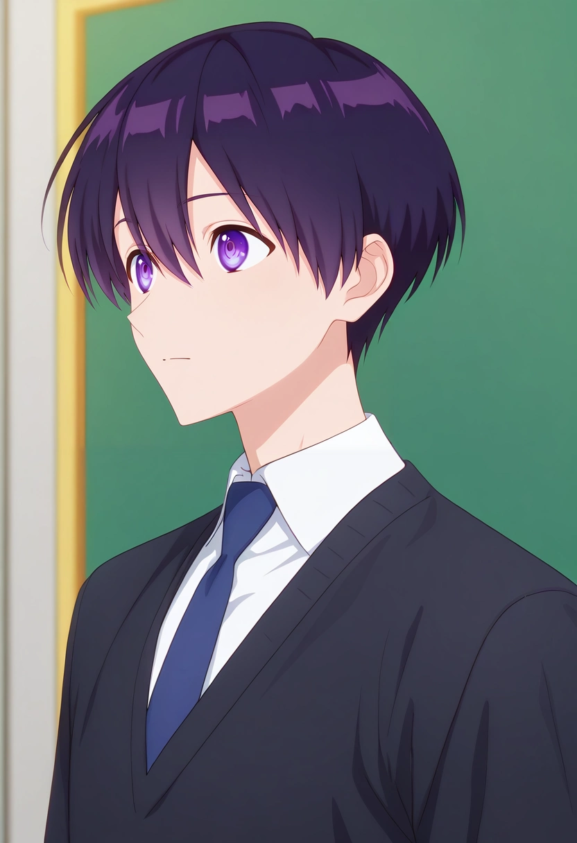 masterpiece, best quality, , (3d:0.4),, 1boy, solo, male focus, <lora:yuuki_izumi_ilxl:0.96>, yuuki_izumi, purple hair, purple eyes, short hair, bangs, hair between eyes, white shirt, collared shirt, blue necktie, school uniform, black jacket