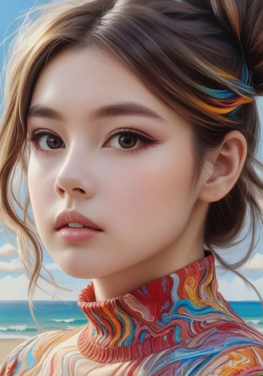 ((best quality)), highgres, colorful, a close up portrait of a beautiful model, solo, beautiful facial features, kind simile, greasy lips, long brunette with multicolored streak hair, chignon, clear soft skin, expressive intricate strapless dress, beautiful beach, summer sky, nature, minimalism, sharply detailed, hyper-detailed, ultra detailed, acrylic painting, isometric art, sharp focus, ethereal lighting, <lora:epiCRealismHelper:1>