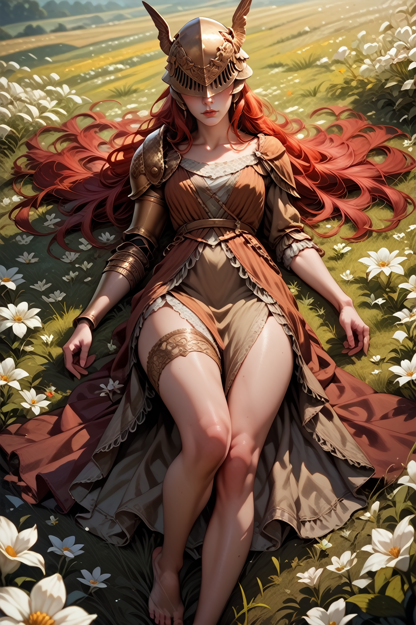 score_9, score_8_up, score_7_up, score_6_up
<lora:ERMalenia:1.0>
ERMalenia, 1girl, helmet, covered eyes, long hair, red hair, armor, looking at viewer, lying down in a field of white flowers, dress, barefoot, looking at viewer, blushing
