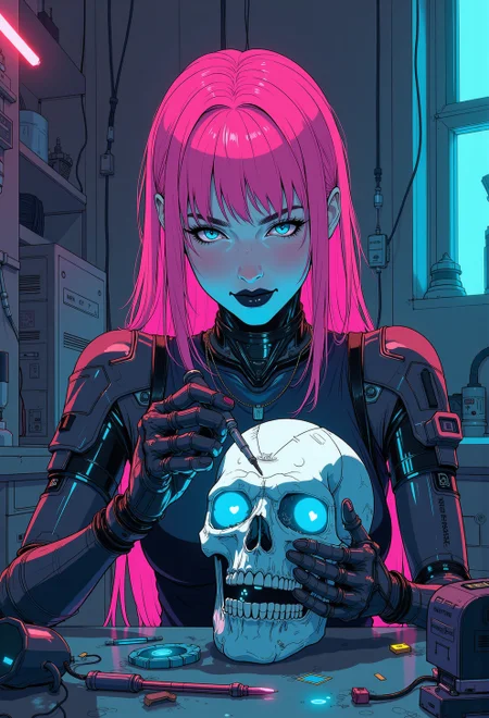 <lora:ck-nc-luminal-genesis-000016:1>, A digital anime artwork drawing in the style of cklg, A half-body shot of a beautiful cyborg girl in her futuristic workshop. She has neon pink hair cascading down her shoulders, contrasting sharply with her black lipstick. The top of her face, from under the nose to the forehead, is removed like a mask, revealing a detailed mechanical skull underneath. With intense focus, she uses a glowing soldering iron to carefully repair the cracks on a detached skull, which rests in her other hand. Her exposed robotic eye glows a brilliant blue, illuminating the intricate cybernetic components beneath the skull. The workshop is cluttered with futuristic tools, wires, and neon-lit gadgets, all bathed in vibrant cyberpunk hue, electric pinks, deep blues, and fluorescent greens. The neon light reflects off her sleek metallic parts, casting dynamic shadows, while the scene radiates a blend of gritty industrial and high-tech futurism. The art style is highly detailed, in the vein of futurist anime, capturing the beauty of the cyborg girl and the mechanical complexity of her exposed skull.