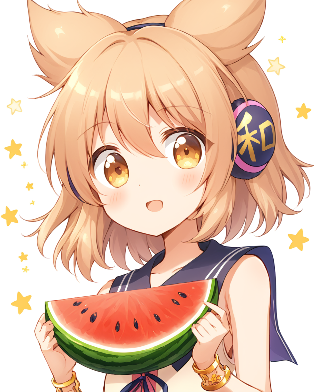 toyosatomimi no miko,1girl, solo, earmuffs, watermelon, open_mouth, upper_body, white_background, sparkle, bracelet, holding_food, simple_background, :d, looking_at_viewer, sleeveless_shirt, blush
<lora:toyosatomimi_no_miko_image4798_2023-12-20-000009:1>,star-shaped_pupils,symbol-shaped_pupils,. gorgeous,key visual, vibrant, studio anime,award-winning, professional, highly detailed,high budget, cinemascope