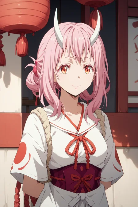 <lora:SlimesShuna:1>, score_9, score_8_up, score_7_up, slimes_shuna, woman, solo, white horns, hands behind back, smiling, japanese village background