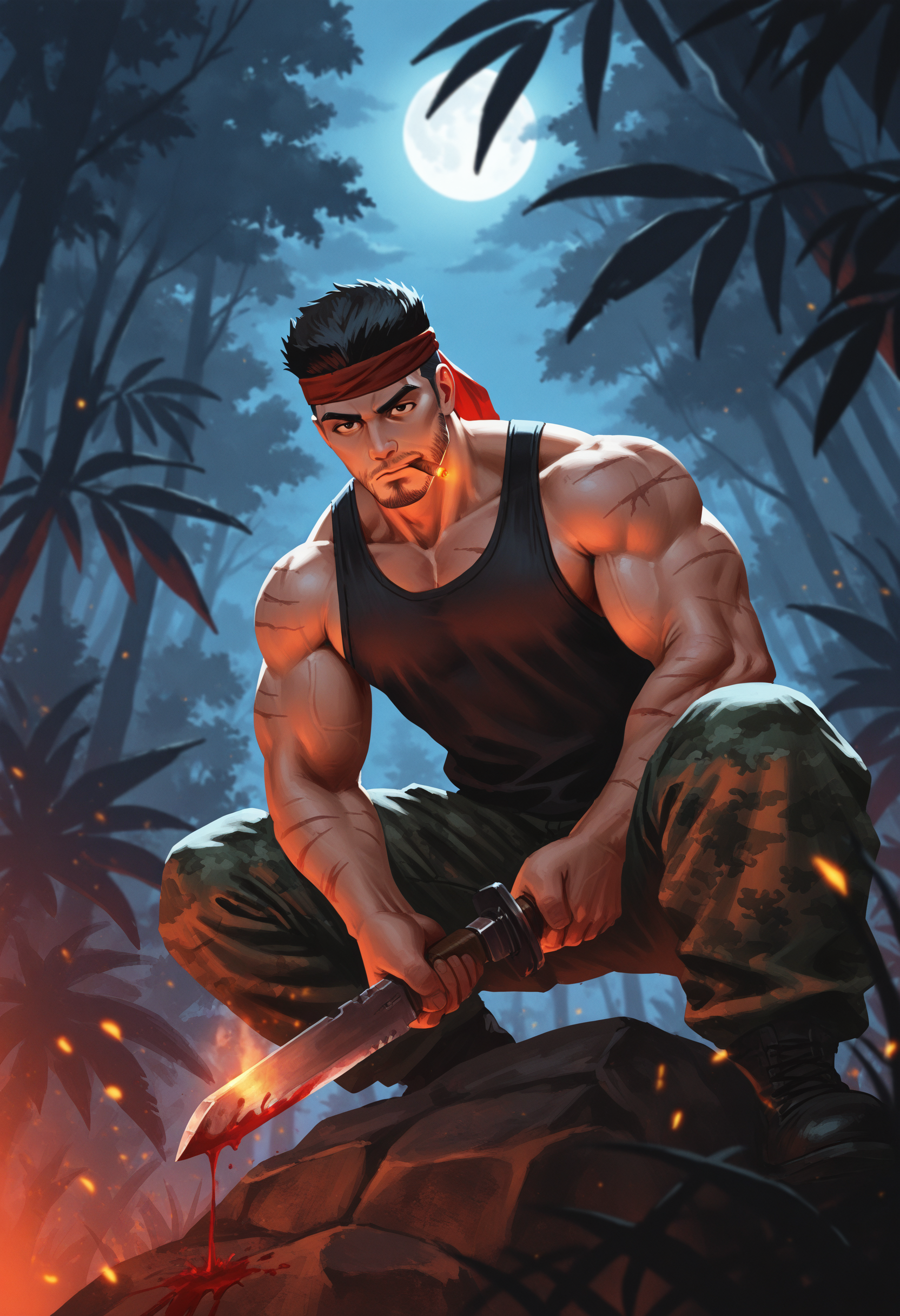 from below, masterpiece, best quality, newest, highres, absurdres, solo, 1boy, SlyMAAAHrbo, black hair, short hair, red bandana, lit cigar, smoke, scars, manly, muscular, tank top, camo pants,  facial hair, expressionless, serious, holding a knife, squatting on top of a rock, looking down, viewer way down, blood splatters on camera, BREAK jungle background, trees, leaves, dark, night, <lora:SlyMAAAHrboV.01-000014:0.7>