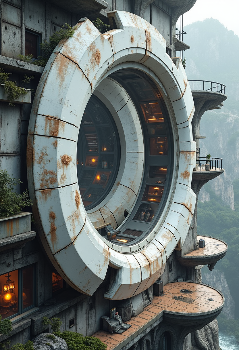 YFG-Rounded An elegant spaceship docking hub, shaped like a large ring with partial open sections, each section hosting a docking portal for smaller round-shape vessels.