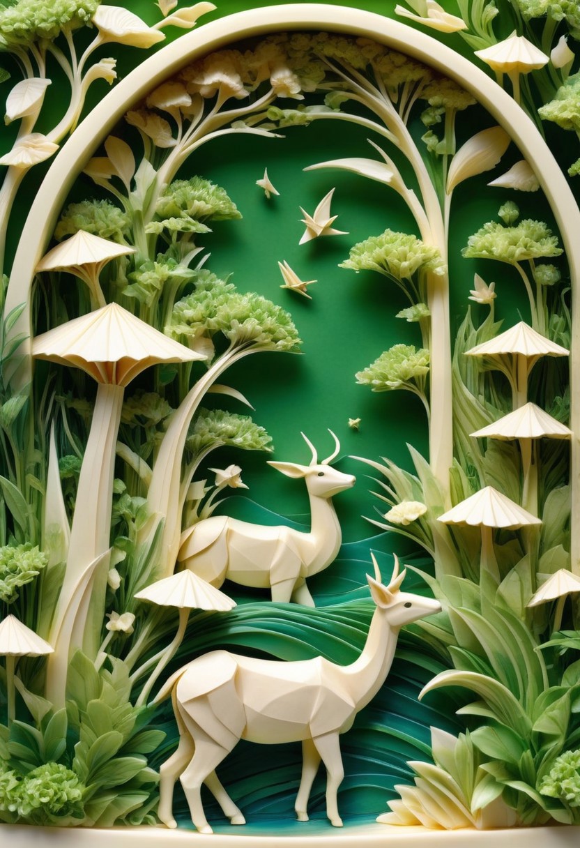 lazypos, (suave paster matte softwater colored) lush green garden inhabited by delicate different (colored) origami animal made out of ebovy ivory carved in the scene, lake,3d, green plants, (lens flare)