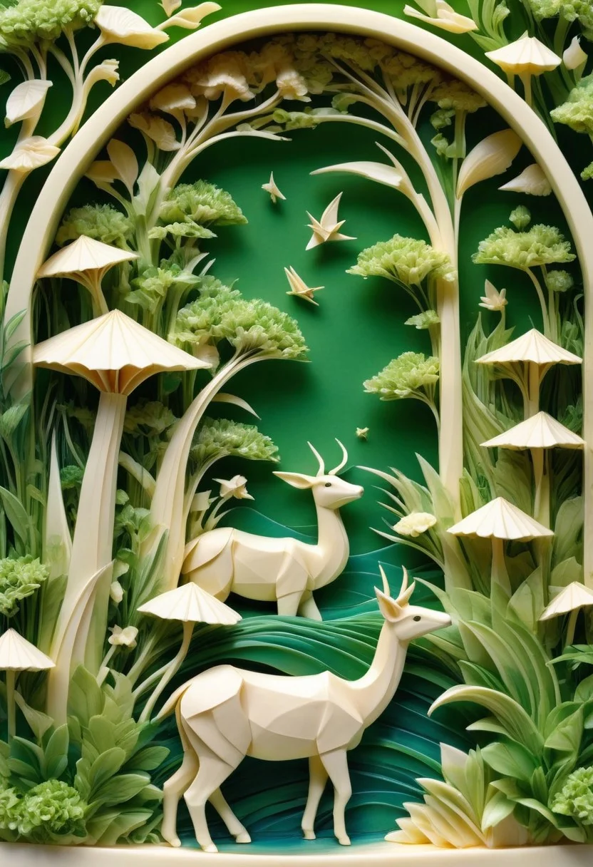 lazypos, (suave paster matte softwater colored) lush green garden inhabited by delicate different (colored) origami animal made out of ebovy ivory carved in the scene, lake,3d, green plants, (lens flare)