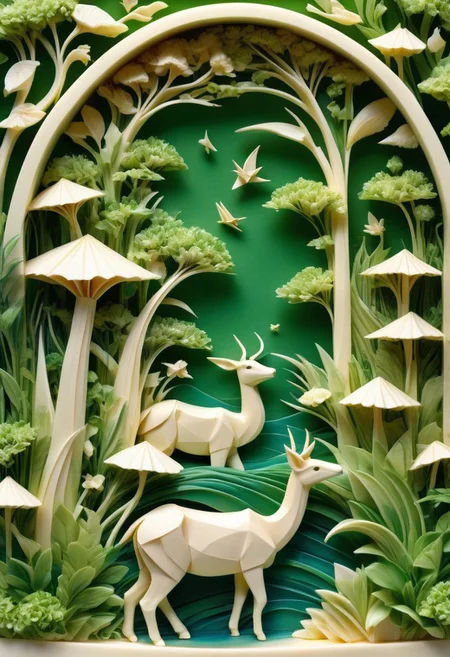 lazypos, (suave paster matte softwater colored) lush green garden inhabited by delicate different (colored) origami animal made out of ebovy ivory carved in the scene, lake,3d, green plants, (lens flare)