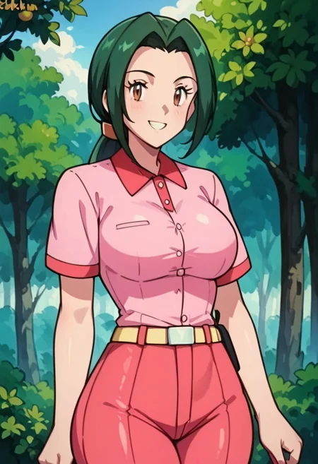 score_9, score_8_up, score_7_up, score_6_up, just describe what you want, tag1, tag2, source_cartoon, rating_explicit, (ruby \(pokemon\), 1girl, beautiful, belly button, (big breasts), round breasts, (huge butt), bubble butt, (light-toned skin), female, (green hair, long hair, low ponytail), brown eyes, seductive, seducing, smiling, looking at you, sexy, solo, tall, ((big body, ((thick thighs)), ((curvy figure, voluptuous)), ((wide hips))))), ((pink shirt, short sleeves, pink pants, belt)), (standing, one hand on hip, front view), (forest), (zPDXL3)