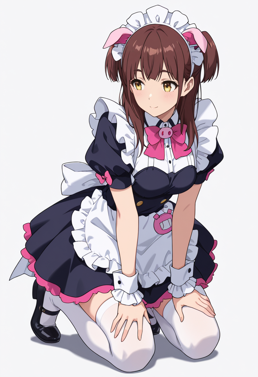 Smooth Quality,masterpiece,very intricate, high quality details, ultra realistic, high detailed skin,detailed enviorement,absurdres,
 <lora:Wahira_Nagomi_CNR:0.8> wahira_cnr, 1girl,brown hair, long hair, two side up, yellow eyes,pig ears, fake animal ears,maid, maid headdress, maid apron, puffy short sleeves,white thighhighs, black footwear, wrist cuffs, frills, pink bowtie,, simple background, white background, front view,solo,
kneeling, hands on thighs, head slightly tilted, neutral expression, focused gaze,  ,, ;),