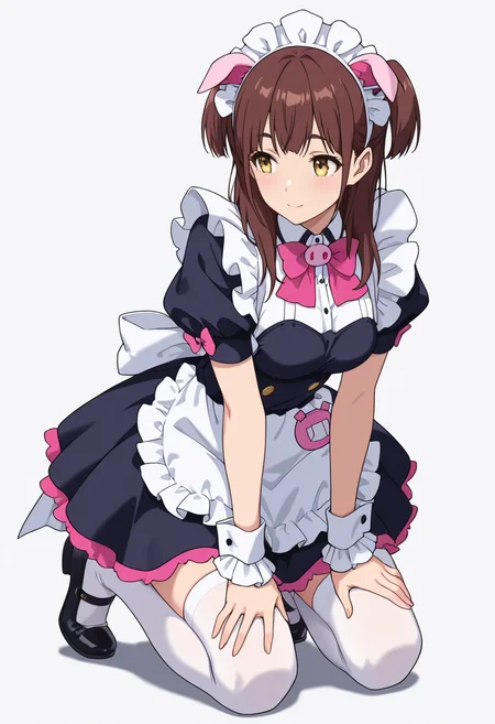 Smooth Quality,masterpiece,very intricate, high quality details, ultra realistic, high detailed skin,detailed enviorement,absurdres,
<lora:Wahira_Nagomi_CNR:0.8> wahira_cnr, 1girl,brown hair, long hair, two side up, yellow eyes,pig ears, fake animal ears,maid, maid headdress, maid apron, puffy short sleeves,white thighhighs, black footwear, wrist cuffs, frills, pink bowtie,, simple background, white background, front view,solo,
kneeling, hands on thighs, head slightly tilted, neutral expression, focused gaze, ,, ;),