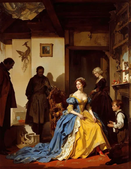 UHD, 8K, ultra detailed, a cinematic photograph of Rembrandt style <lora:chzcat:1>, This is a highly detailed, realistic oil painting by German artist Max Liebermann, titled "The Snow Queen." The painting depicts a scene from the fairy tale "The Snow Queen" by Hans Christian Andersen. The central figure is a young woman dressed in a voluminous, yellow gown with a dark blue bodice and puffy sleeves. Her hair is styled in a loose, wavy fashion, and she wears red high-heeled shoes. Surrounding her are three other figures: a man, a woman, and a boy. The man, standing to the left, has a serious expression and wears a brown coat and trousers. The woman, standing slightly behind the man, has a neutral expression and is dressed in a dark brown dress with a white apron. The boy, standing to the right, has a curious expression and is dressed in a white shirt with brown trousers and a vest.,
The setting appears to be a rustic, wooden interior with a wooden ceiling and beams. The walls are adorned with a bird sculpture and a small, framed painting. In the background, there is a wooden shelf with various small, wooden toys. The lighting is warm, casting soft shadows that enhance the texture and depth of the scene. The painting captures a moment of stillness and contempl . Baroque, chiaroscuro, realistic, emotional, "flat lighting, beautiful lighting, great composition