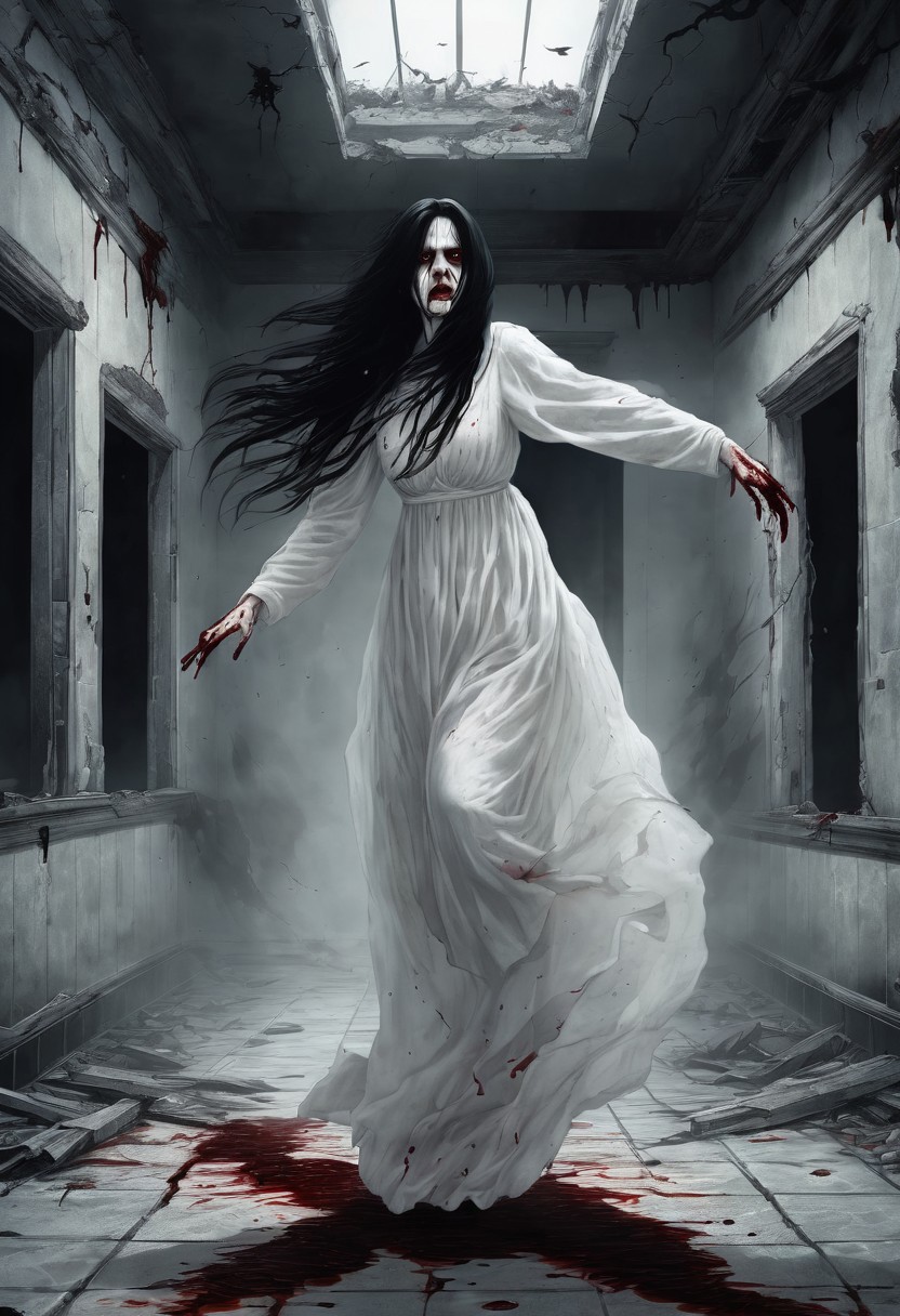 Female ghost, wearing long white dress, flying, floating, long nails, blood, bloody, very long black hair, damaged face, horror feel, building, abandoned building, old building, night, dark, detailed background, scary, frightening