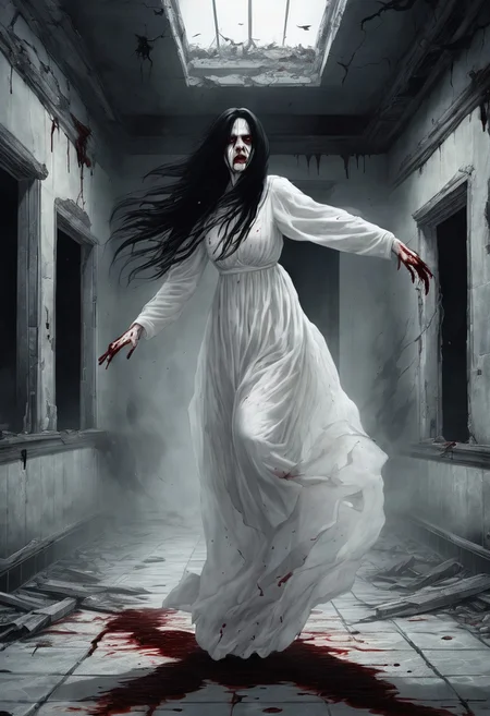 Female ghost, wearing long white dress, flying, floating, long nails, blood, bloody, very long black hair, damaged face, horror feel, building, abandoned building, old building, night, dark, detailed background, scary, frightening