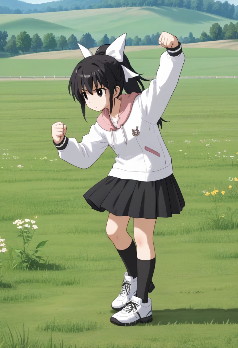 score_9, score_8, score_7, source_anime, anime_screencap, 1girl, solo, tsubasadtkw, black hair, black eyes, ponytail, hair bow, white shirt, hoodie, black skirt, black socks, shoes, outdoors, meadow, grass field, standing, full body, standing, dancing, from side, leaning forward, clenched hands