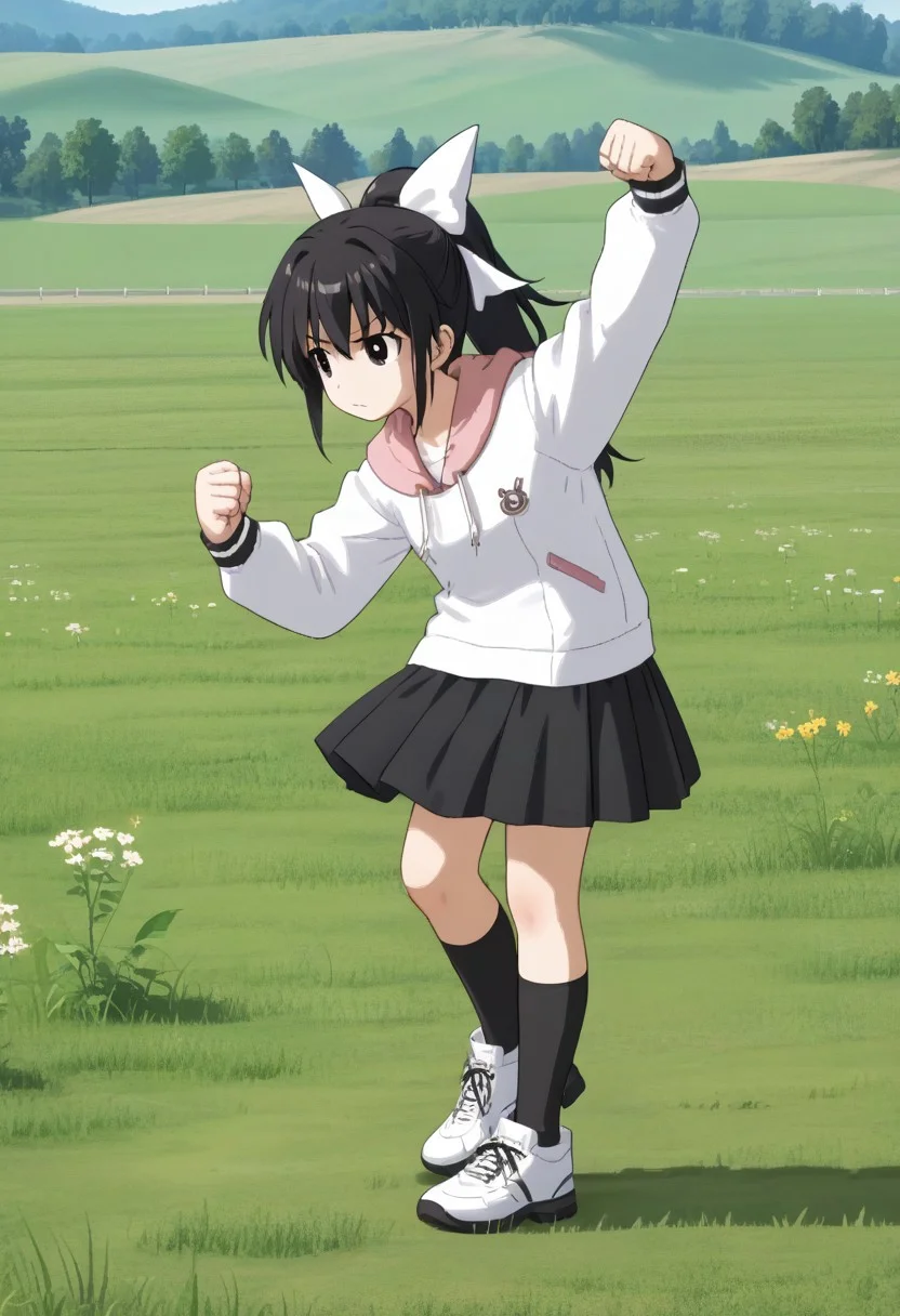 score_9, score_8, score_7, source_anime, anime_screencap, 1girl, solo, tsubasadtkw, black hair, black eyes, ponytail, hair bow, white shirt, hoodie, black skirt, black socks, shoes, outdoors, meadow, grass field, standing, full body, standing, dancing, from side, leaning forward, clenched hands