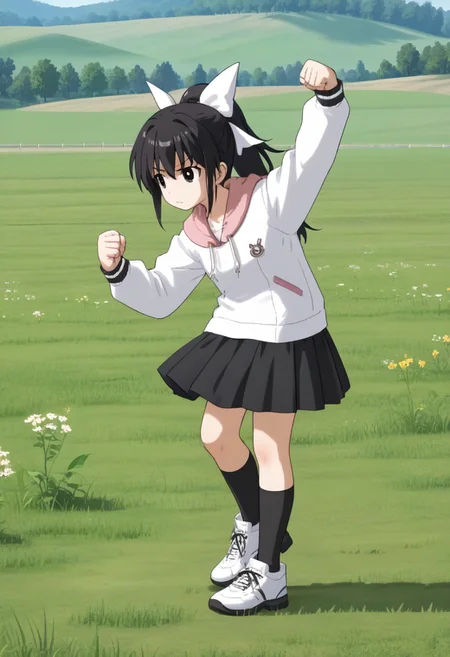 score_9, score_8, score_7, source_anime, anime_screencap, 1girl, solo, tsubasadtkw, black hair, black eyes, ponytail, hair bow, white shirt, hoodie, black skirt, black socks, shoes, outdoors, meadow, grass field, standing, full body, standing, dancing, from side, leaning forward, clenched hands